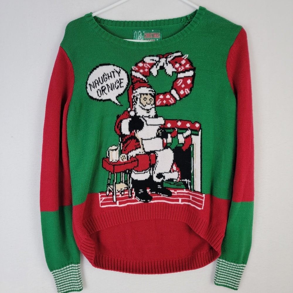 Naughty Or Nice Santa Ugly Christmas Sweater Womens M Green Red Knit Hi Lo